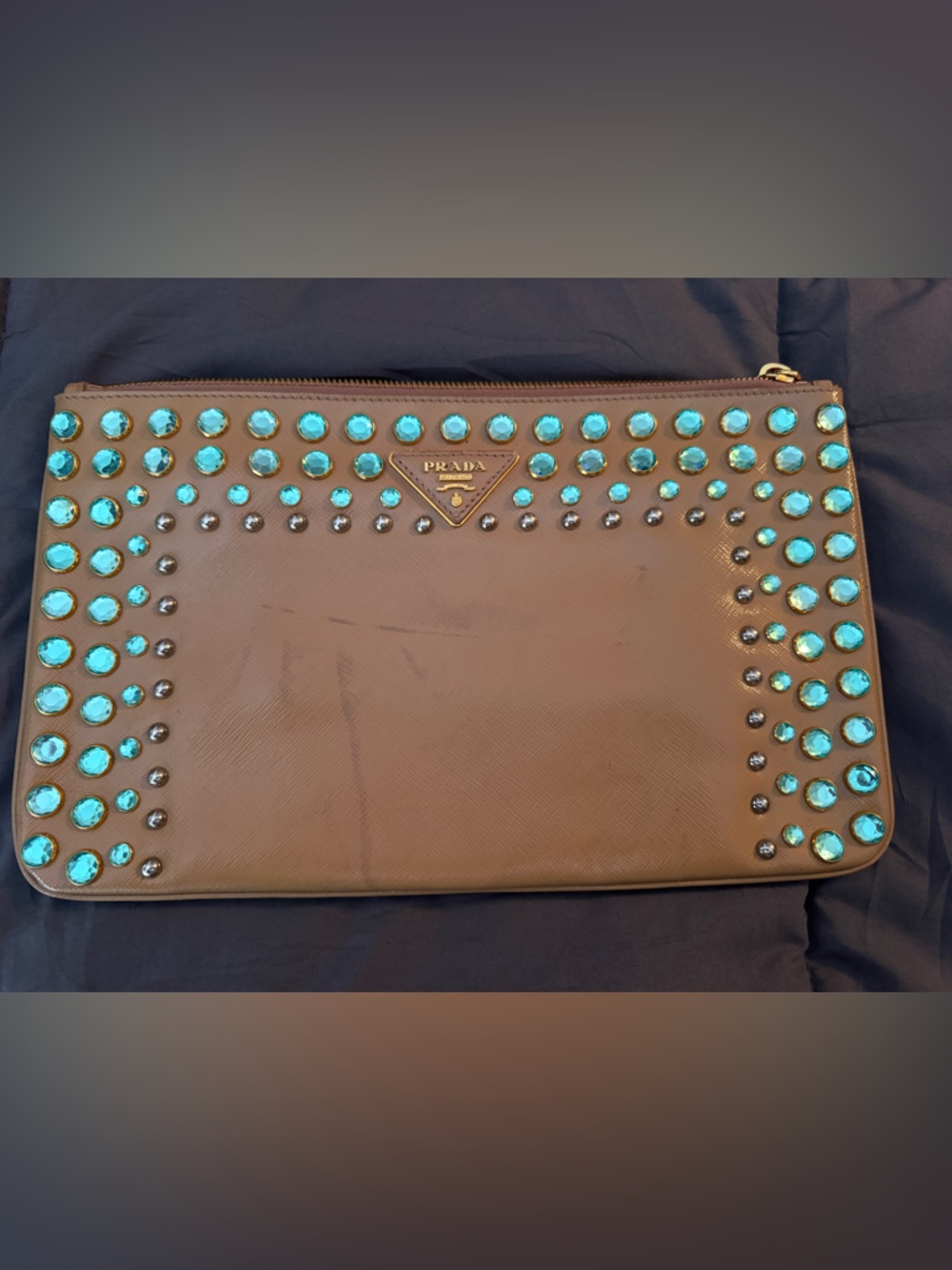 Prada Brown Leather Zip Clutch with Turquoise Crystal Studs